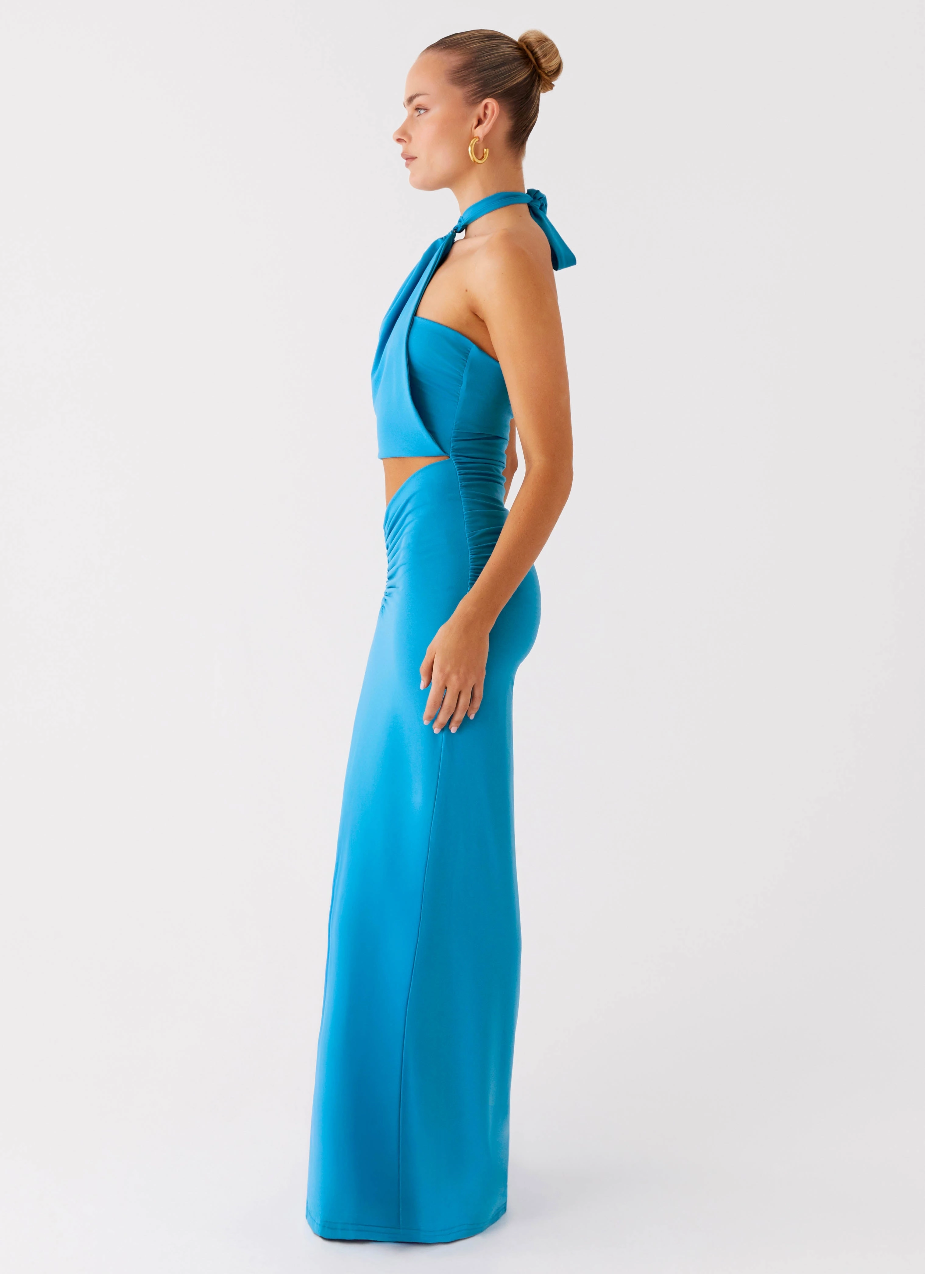 Chiquita Halter Maxi Dress - Turquoise Blue Sophisticated Waist Fit EcoFriendlyDye
