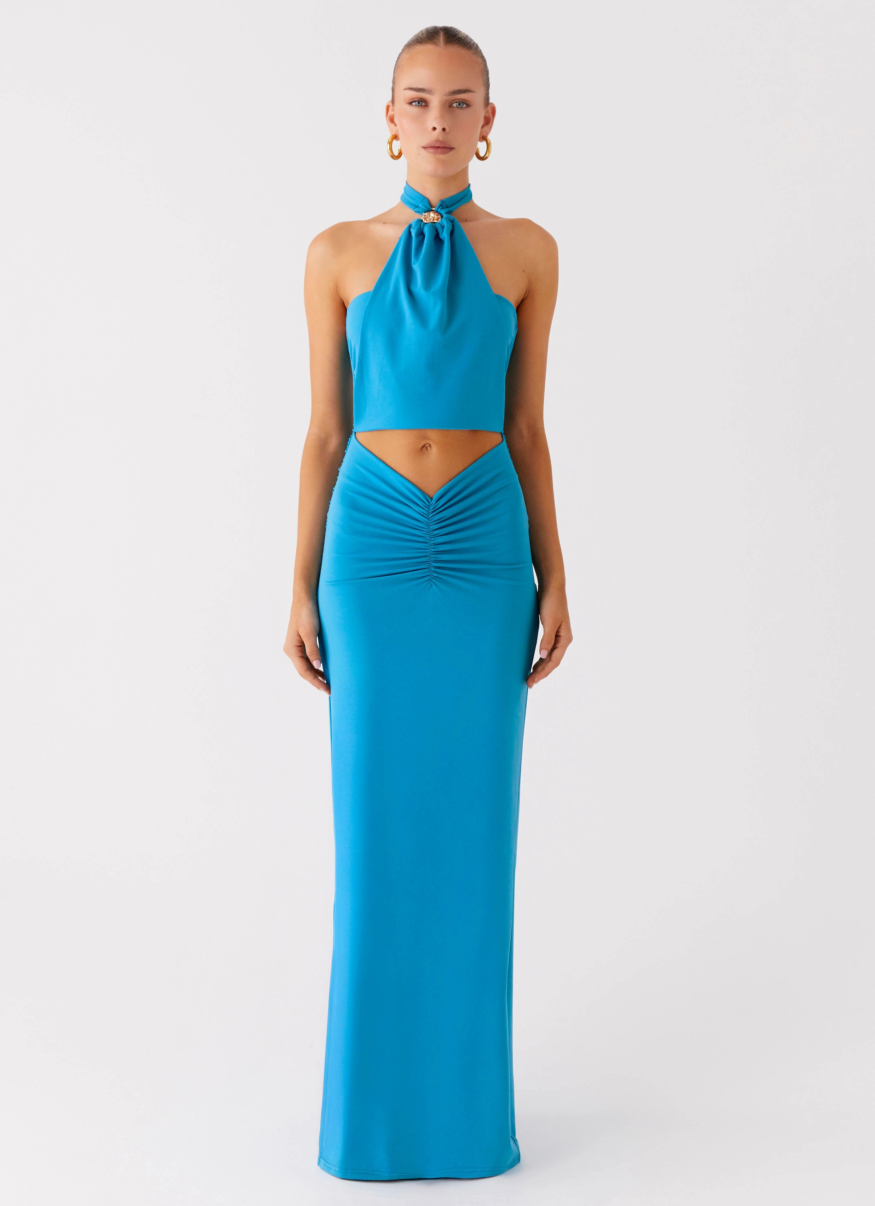Gloss Finish Chiquita Halter Maxi Dress - Turquoise Blue