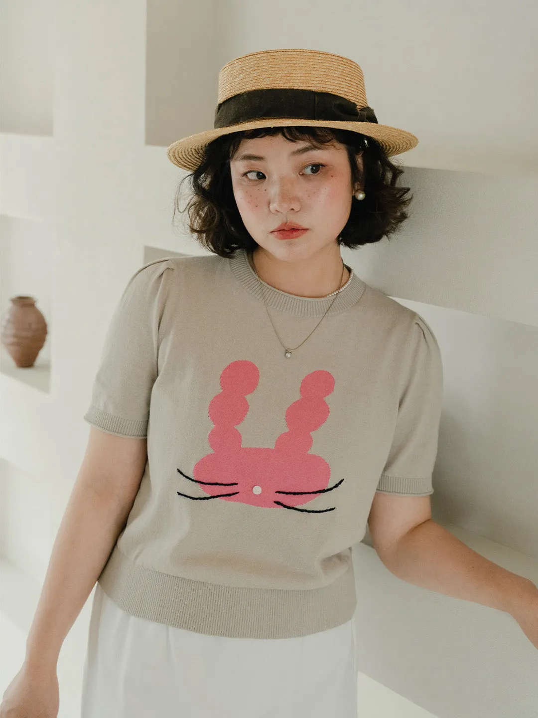 YarnDye Technique Chowxiaodou Puff-Sleeve Knit Linen T-Shirt