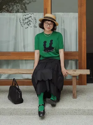 Chowxiaodou Puff-Sleeve Knit Linen T-Shirt SeamlessDesign