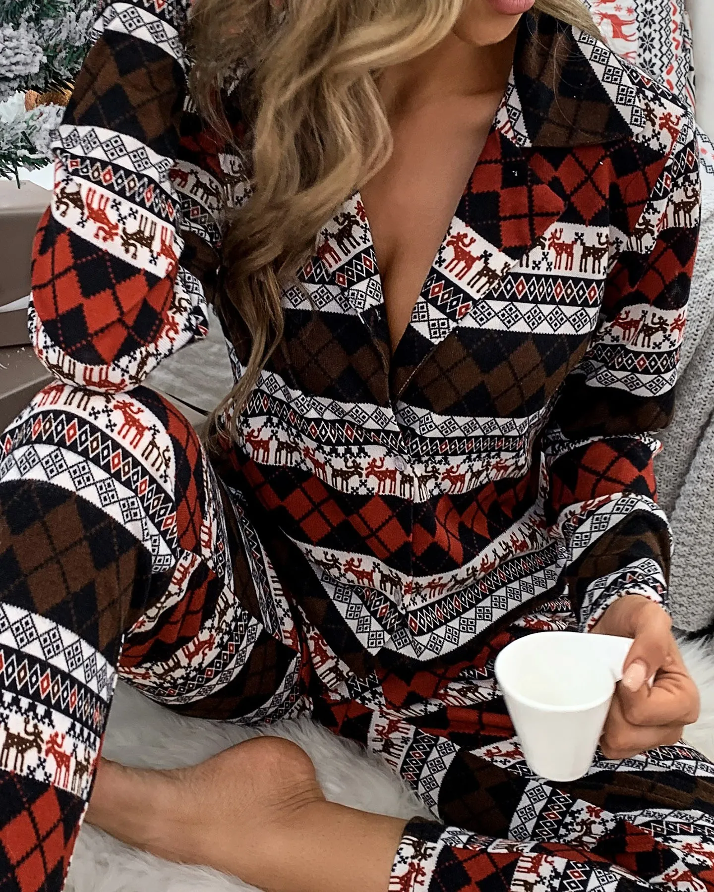 Christmas Argyle Deer Print Casual Pajamas Set
