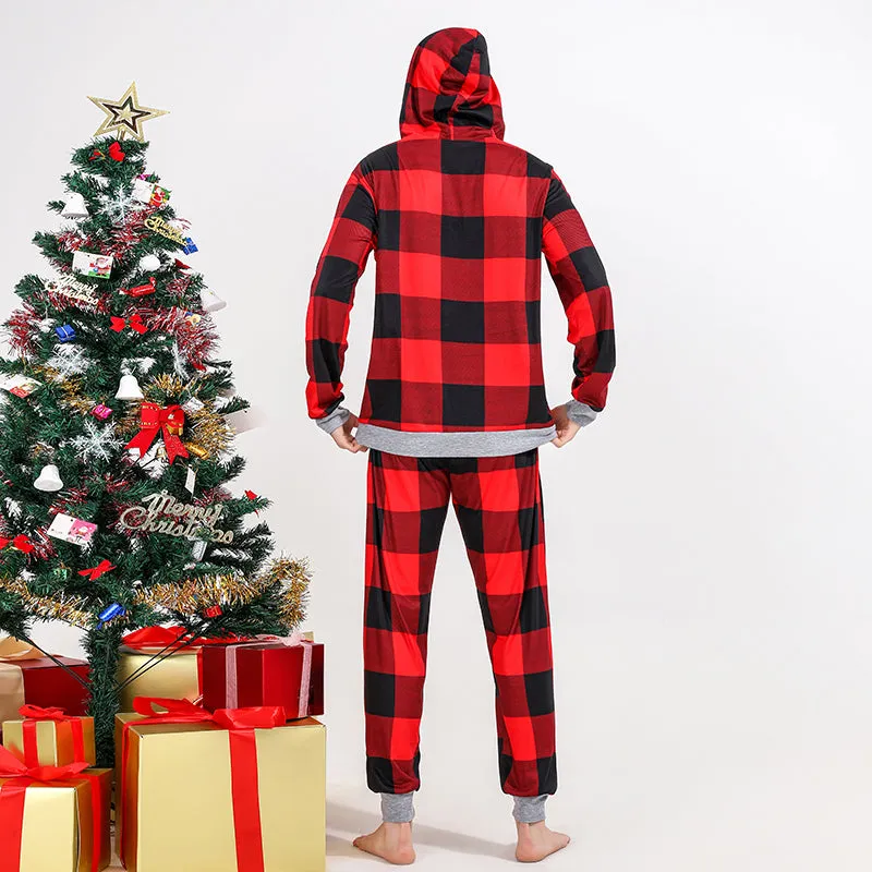 Christmas Bear Print Family Matching Plaid Print Drawstring Hoodie & Pants PJ Set