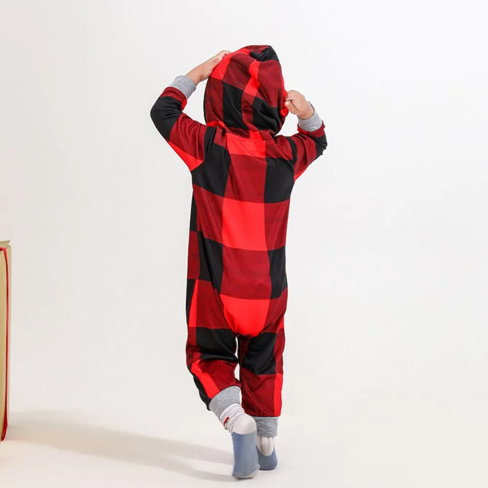 Christmas Bear Print Family Matching Plaid Print Drawstring Hoodie & Pants PJ Set