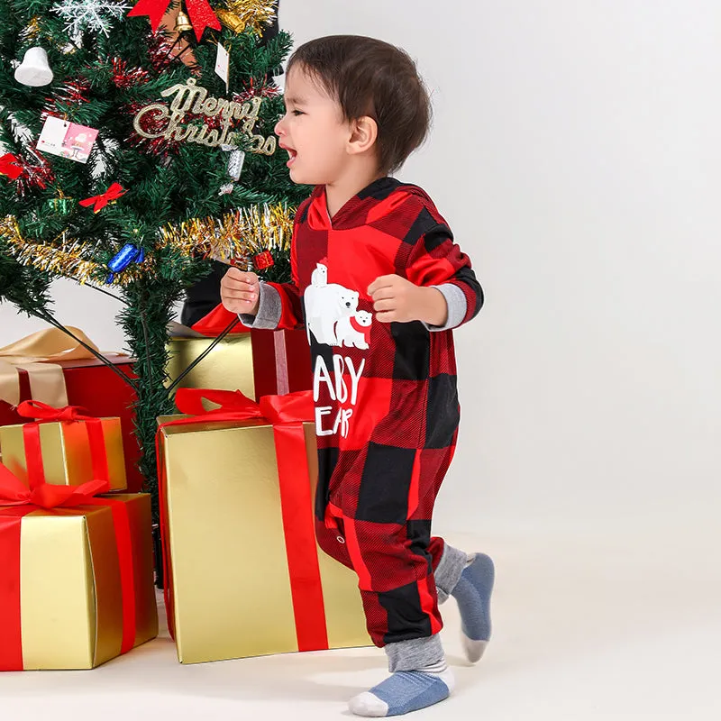 Christmas Bear Print Family Matching Plaid Print Drawstring Hoodie & Pants PJ Set