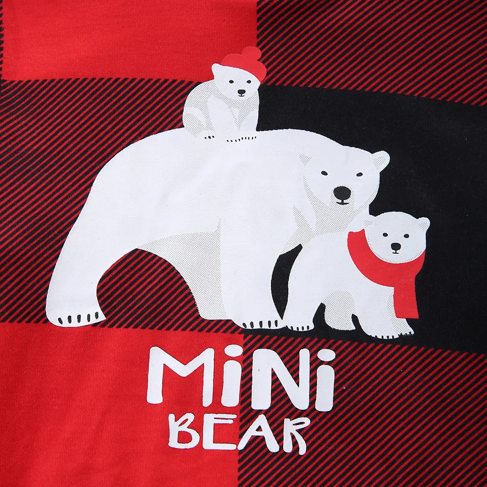 Christmas Bear Print Family Matching Plaid Print Drawstring Hoodie & Pants PJ Set