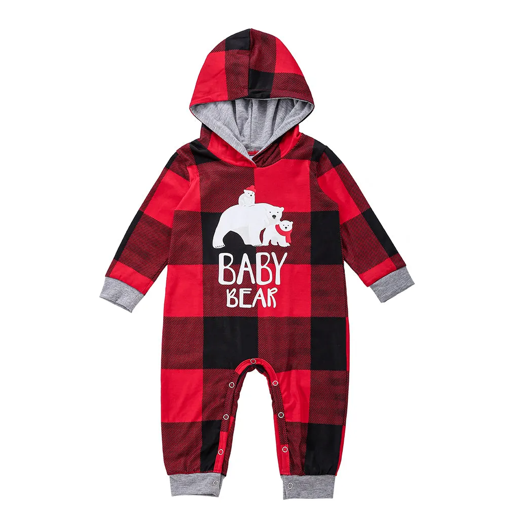 Christmas Bear Print Family Matching Plaid Print Drawstring Hoodie & Pants PJ Set