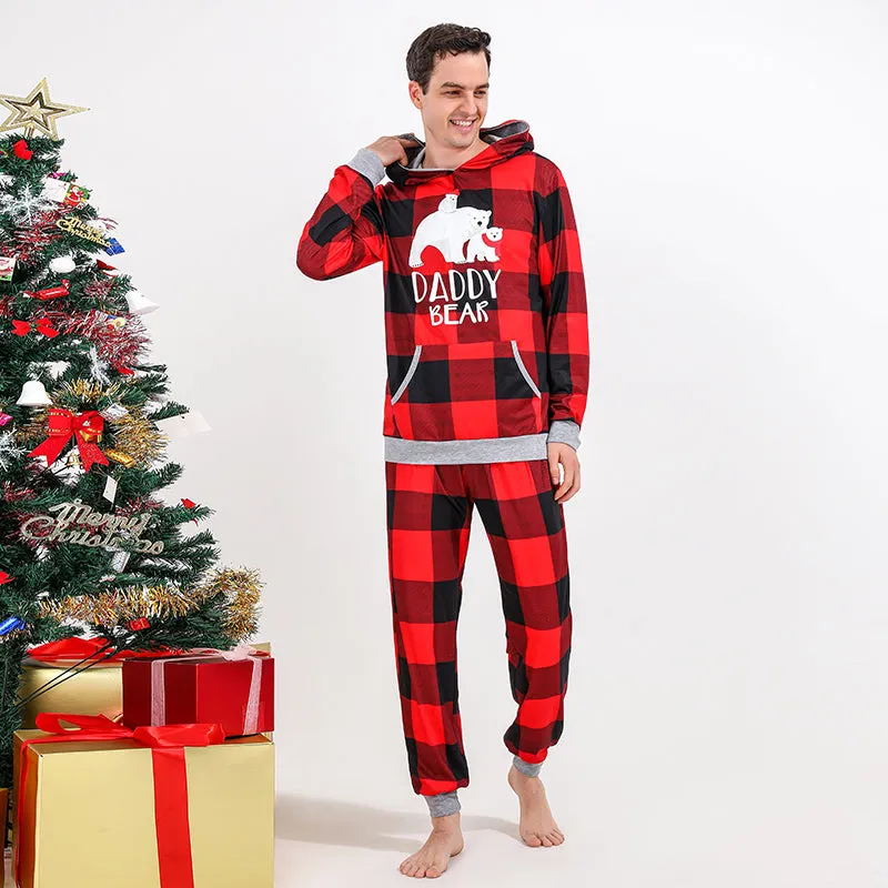 Christmas Bear Print Family Matching Plaid Print Drawstring Hoodie & Pants PJ Set