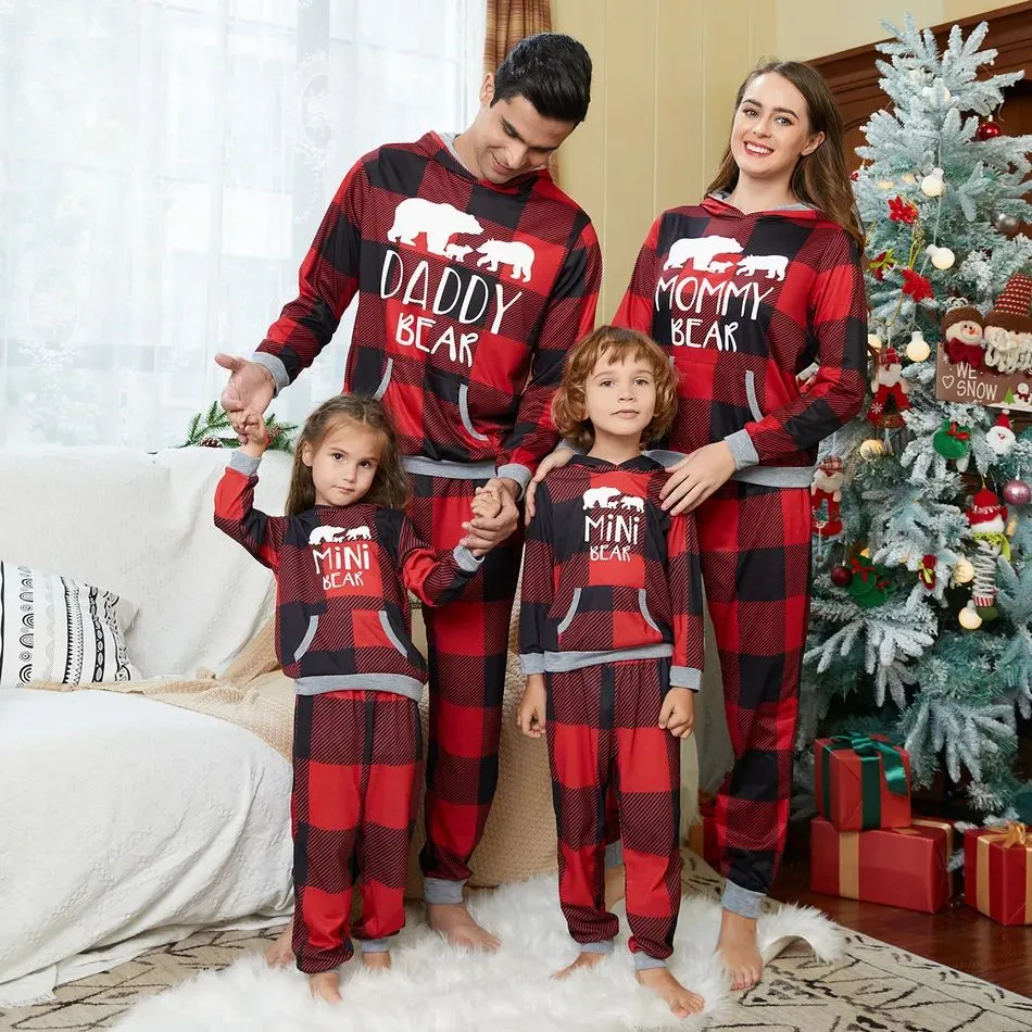 Christmas Bear Print Family Matching Plaid Print Drawstring Hoodie & Pants PJ Set