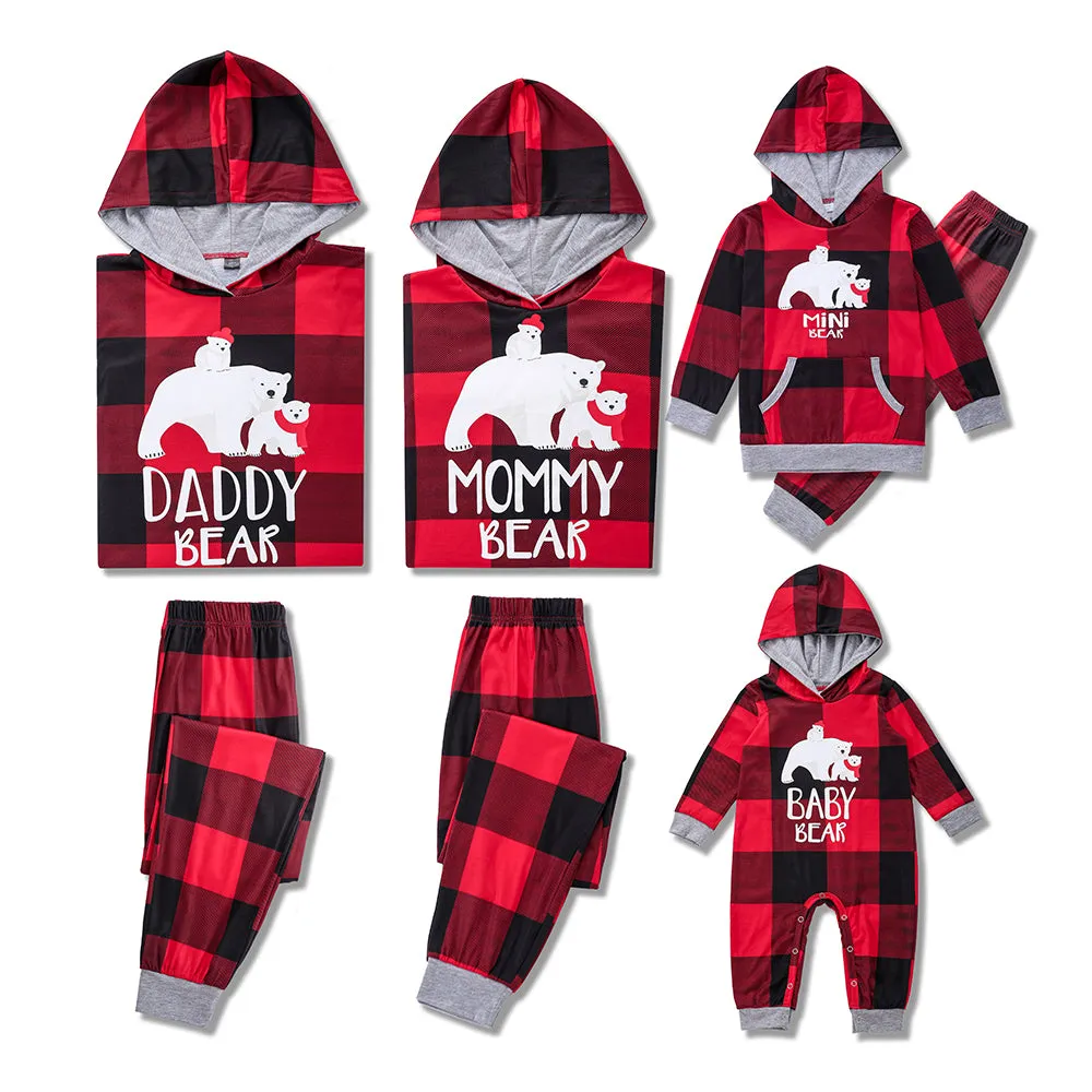 Christmas Bear Print Family Matching Plaid Print Drawstring Hoodie & Pants PJ Set