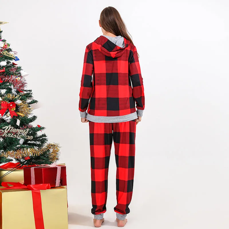 Christmas Bear Print Family Matching Plaid Print Drawstring Hoodie & Pants PJ Set