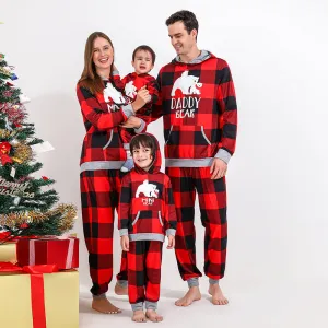Christmas Bear Print Family Matching Plaid Print Drawstring Hoodie & Pants PJ Set