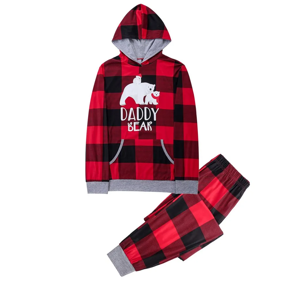 Christmas Bear Print Family Matching Plaid Print Drawstring Hoodie & Pants PJ Set