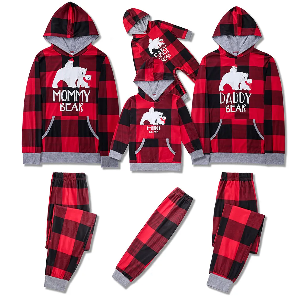 Christmas Bear Print Family Matching Plaid Print Drawstring Hoodie & Pants PJ Set