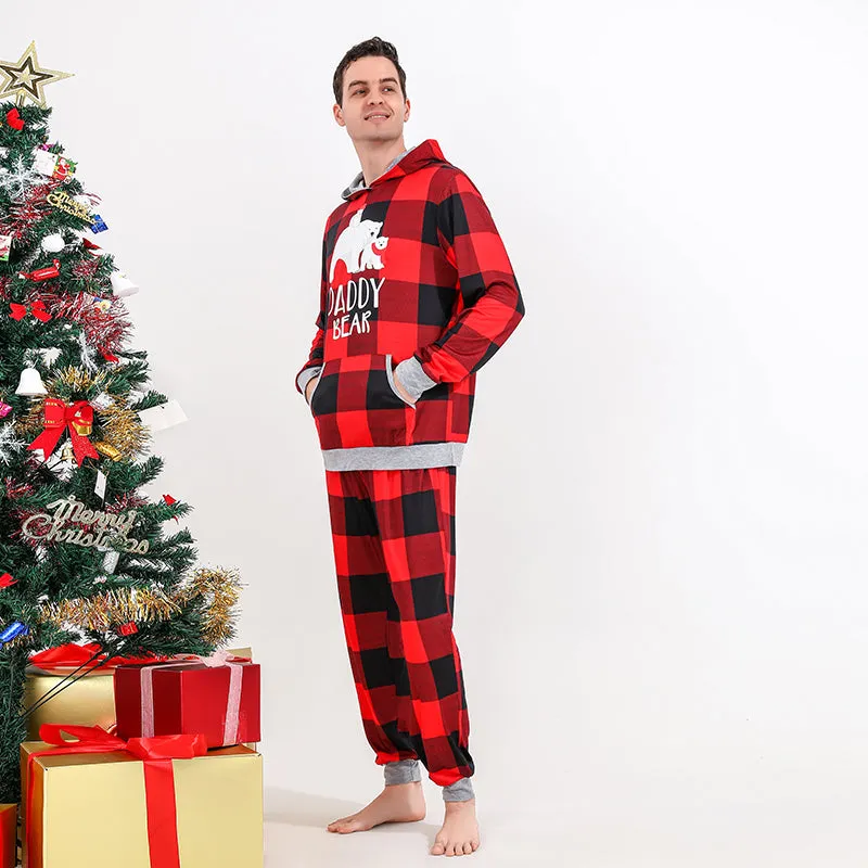 Christmas Bear Print Family Matching Plaid Print Drawstring Hoodie & Pants PJ Set