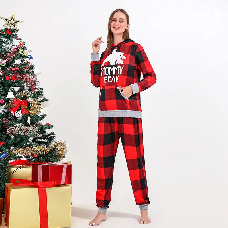 Christmas Bear Print Family Matching Plaid Print Drawstring Hoodie & Pants PJ Set