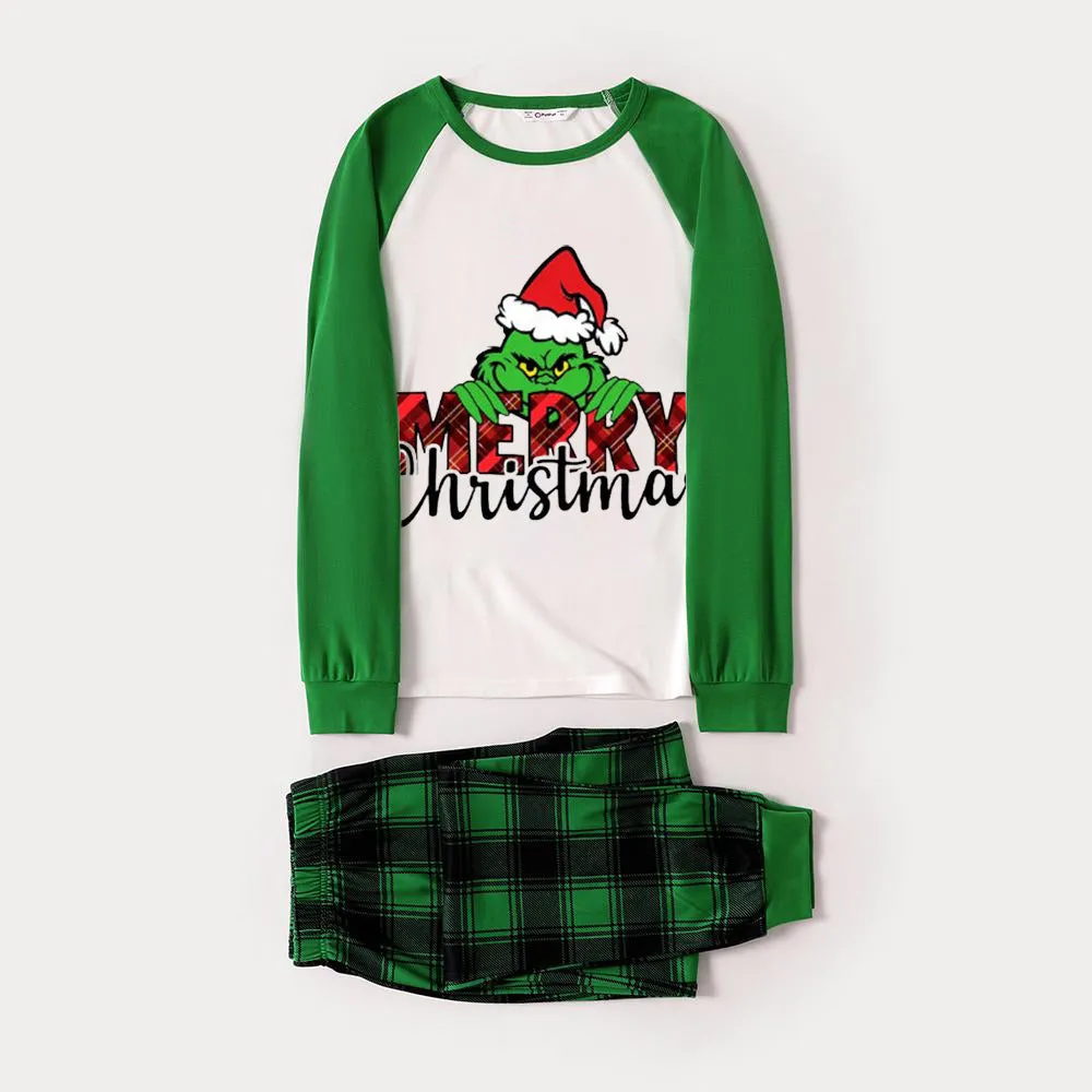 Christmas Cartoon and “Merry Christmas” Letter Print Family Matching Raglan Long-sleeve Pajamas Sets