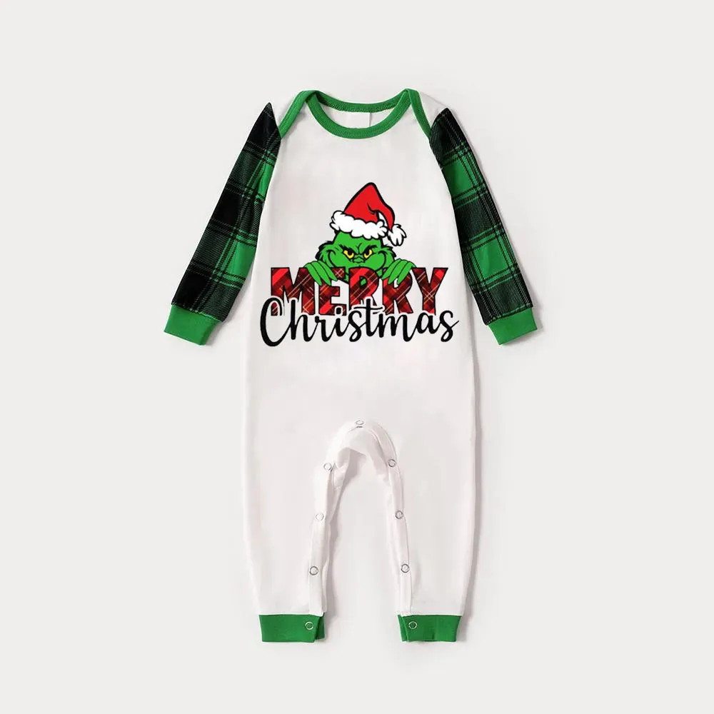 Christmas Cartoon and “Merry Christmas” Letter Print Family Matching Raglan Long-sleeve Pajamas Sets