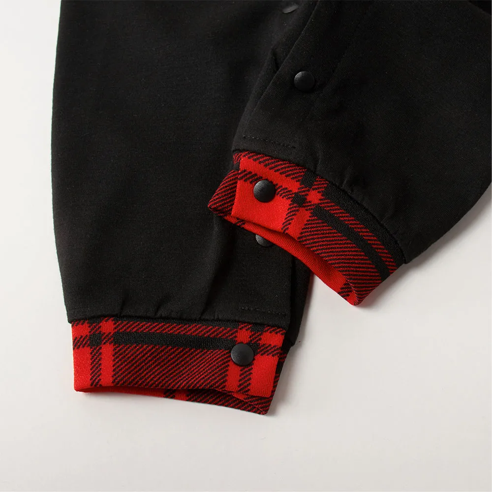 Christmas Cartoon Face Print Contrast Black Top and Black & Red Plaid Pants Family Matching Pajamas Set With Dog Bandana