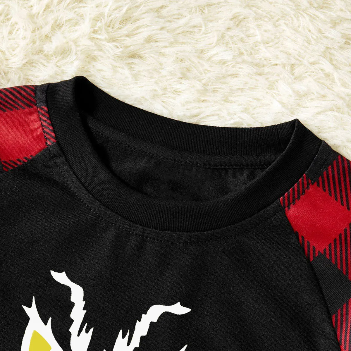 Christmas Cartoon Face Print Contrast Black Top and Black & Red Plaid Pants Family Matching Pajamas Set With Dog Bandana