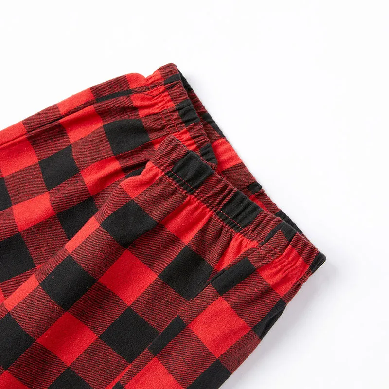 Christmas Cartoon Face Print Contrast Black Top and Black & Red Plaid Pants Family Matching Pajamas Set With Dog Bandana