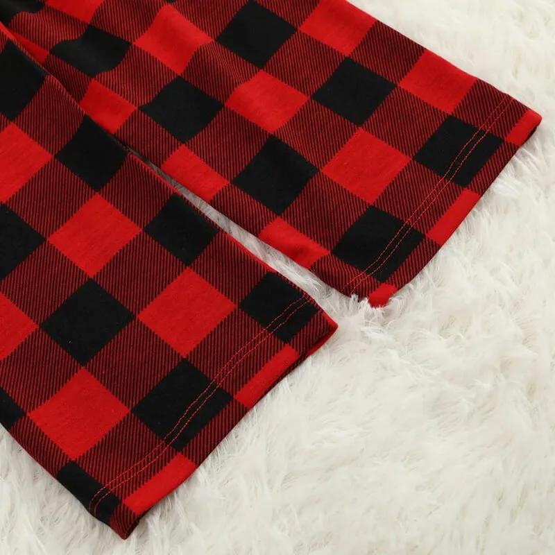 Christmas Cartoon Face Print Contrast Black Top and Black & Red Plaid Pants Family Matching Pajamas Set With Dog Bandana