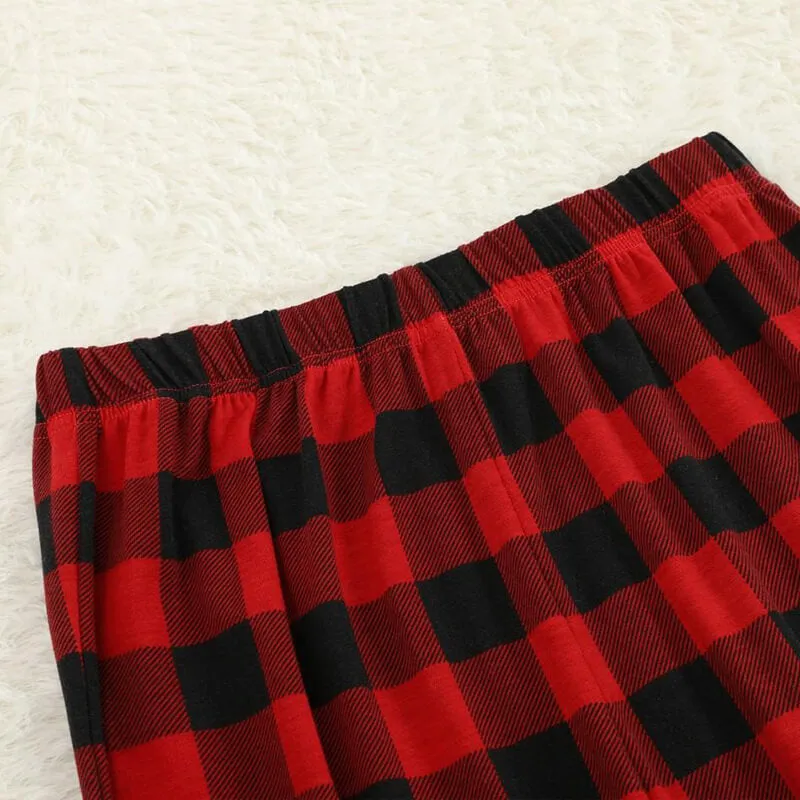 Christmas Cartoon Face Print Contrast Black Top and Black & Red Plaid Pants Family Matching Pajamas Set With Dog Bandana