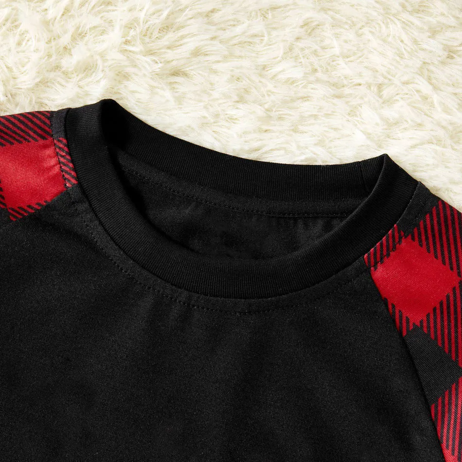 Christmas Cartoon Face Print Contrast Black Top and Black & Red Plaid Pants Family Matching Pajamas Set With Dog Bandana