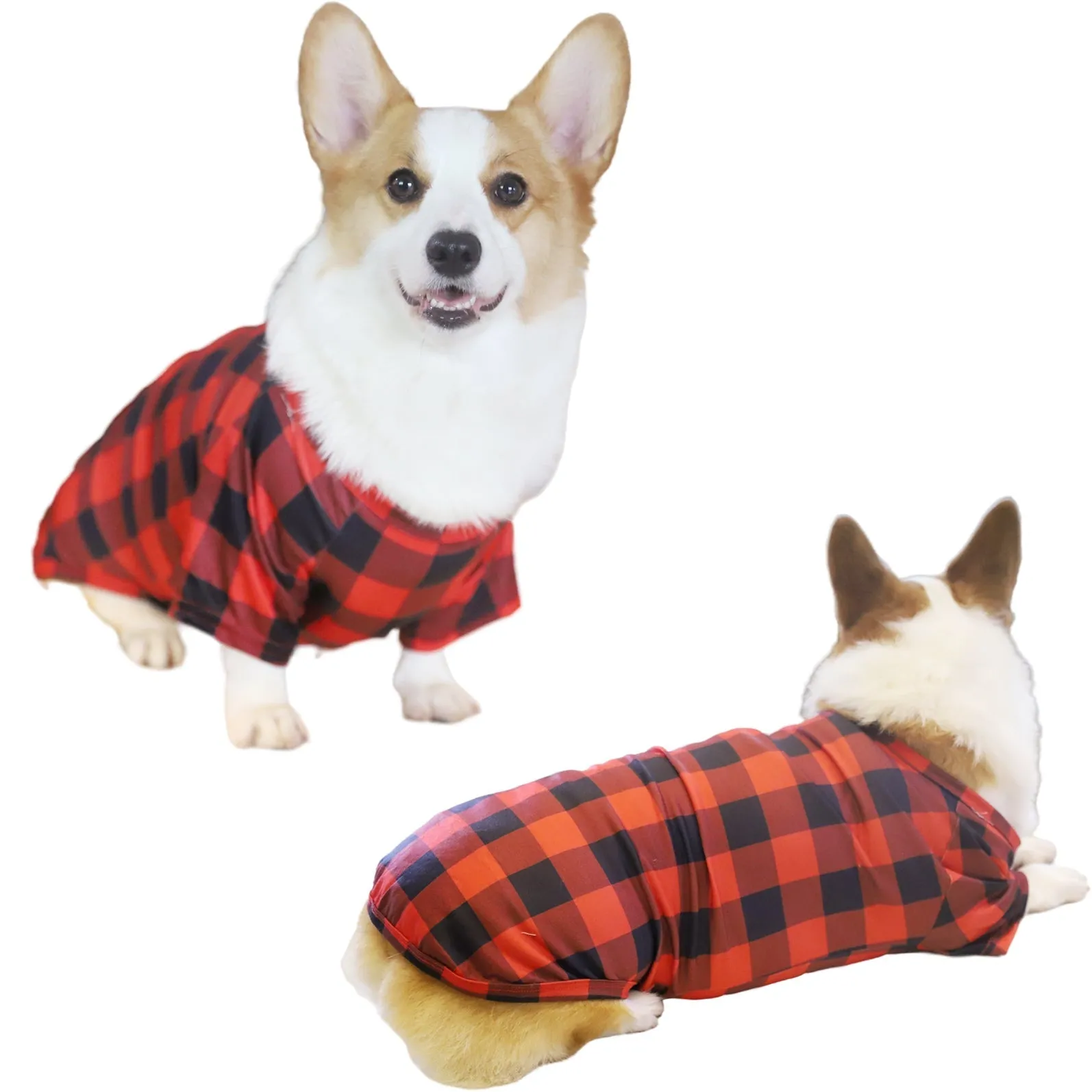 Christmas Cartoon Face Print Contrast Black Top and Black & Red Plaid Pants Family Matching Pajamas Set With Dog Bandana
