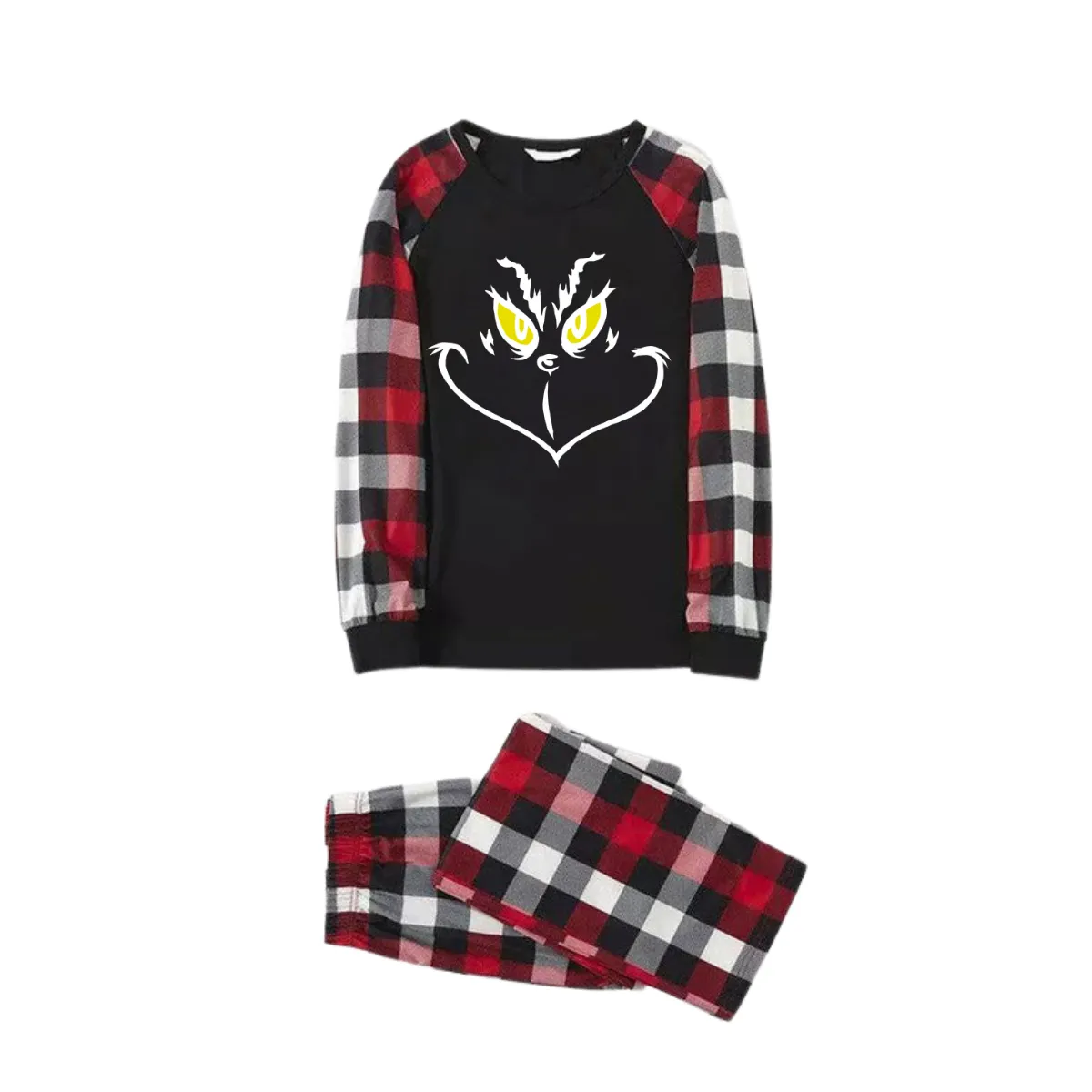 Christmas Cartoon Face Prints Red & Black & Grey & White Plaid Family Matching Pajamas