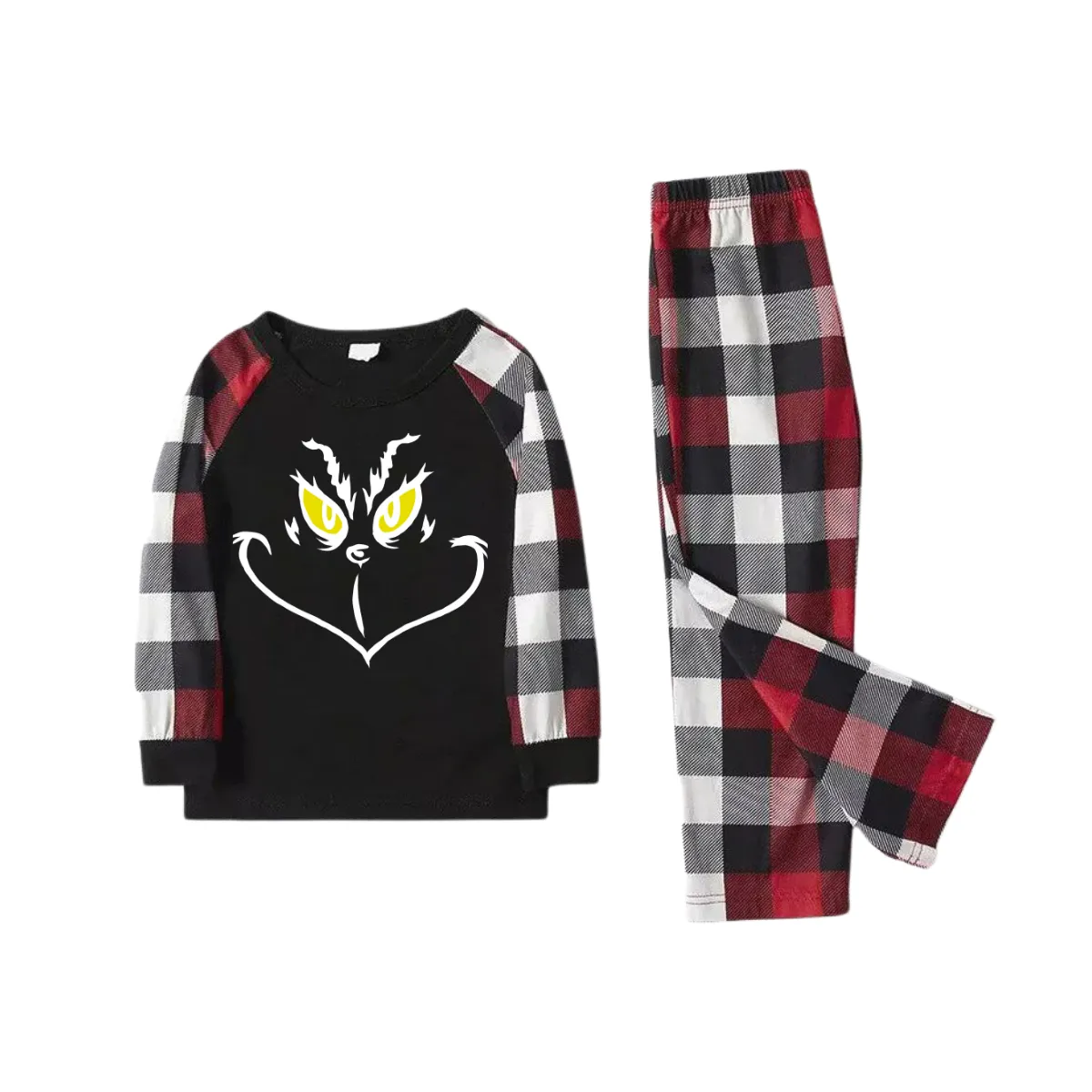 Christmas Cartoon Face Prints Red & Black & Grey & White Plaid Family Matching Pajamas