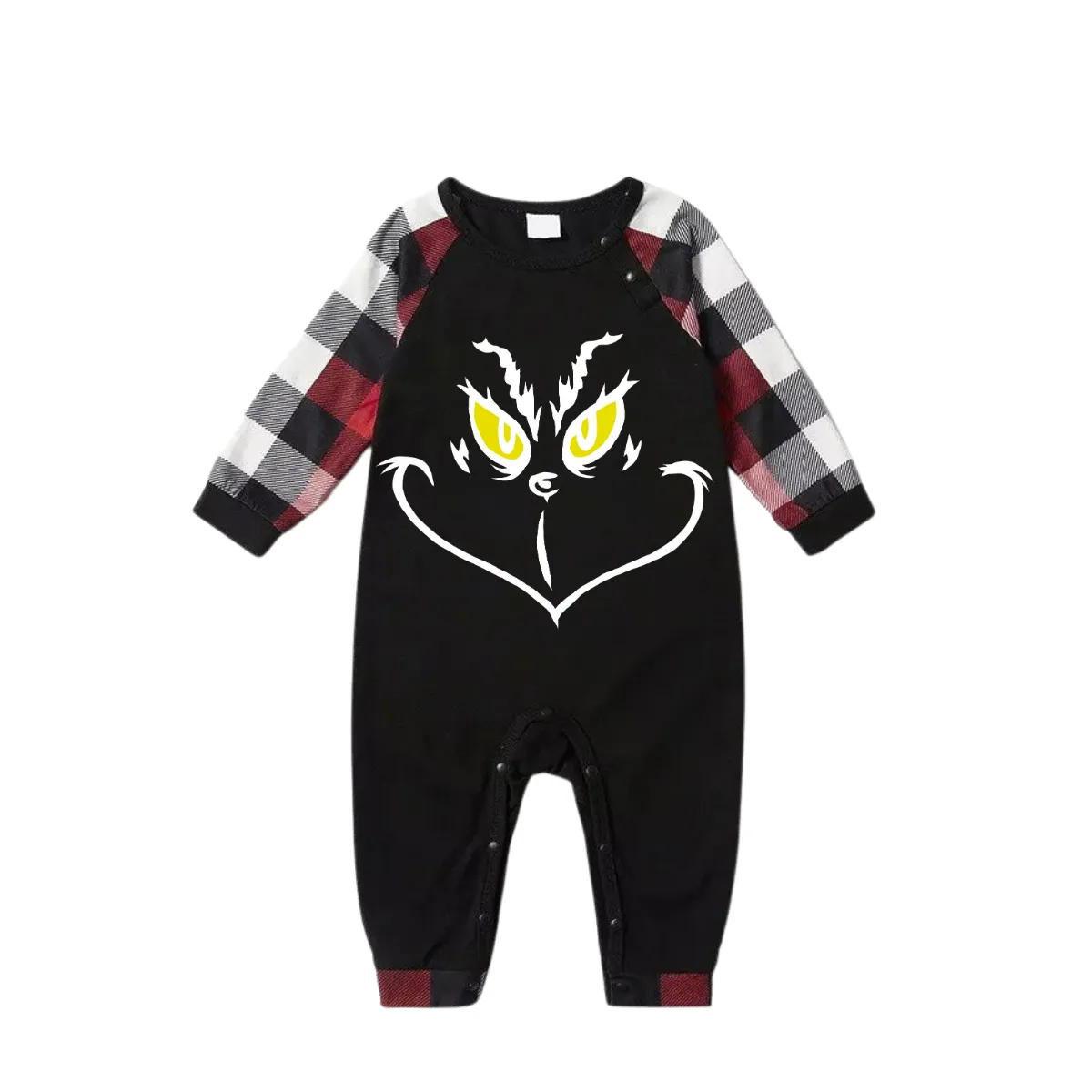 Christmas Cartoon Face Prints Red & Black & Grey & White Plaid Family Matching Pajamas