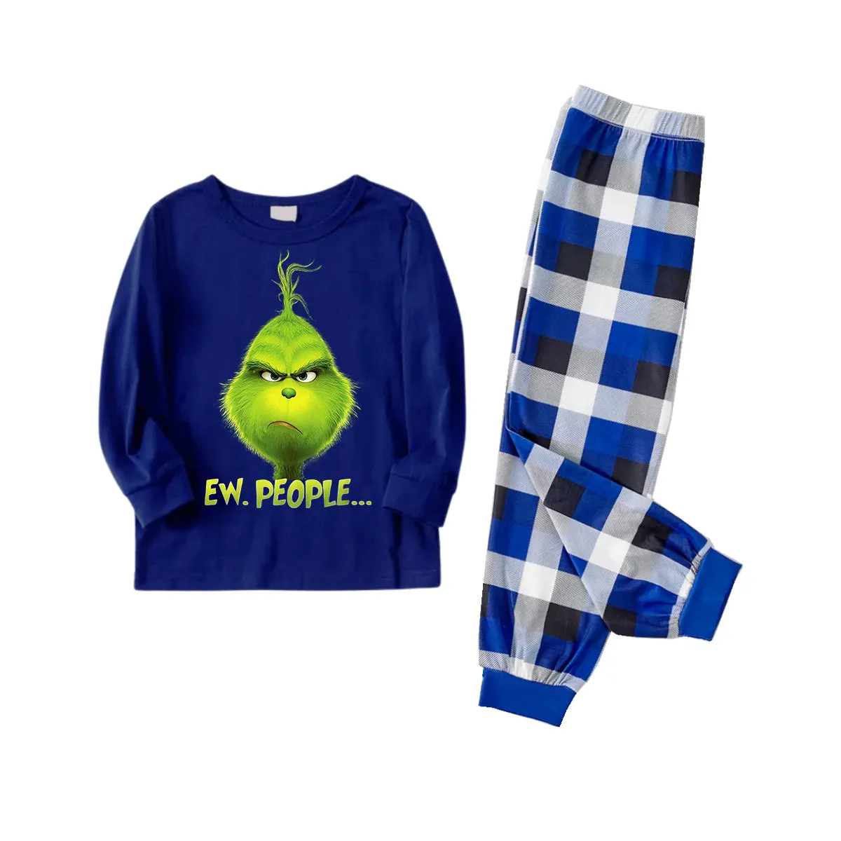 Christmas Cartoon Pattern and EW People Print Blue Long Sleeves with Blue&White&Black Plaid Pants Family Matching Pajamas