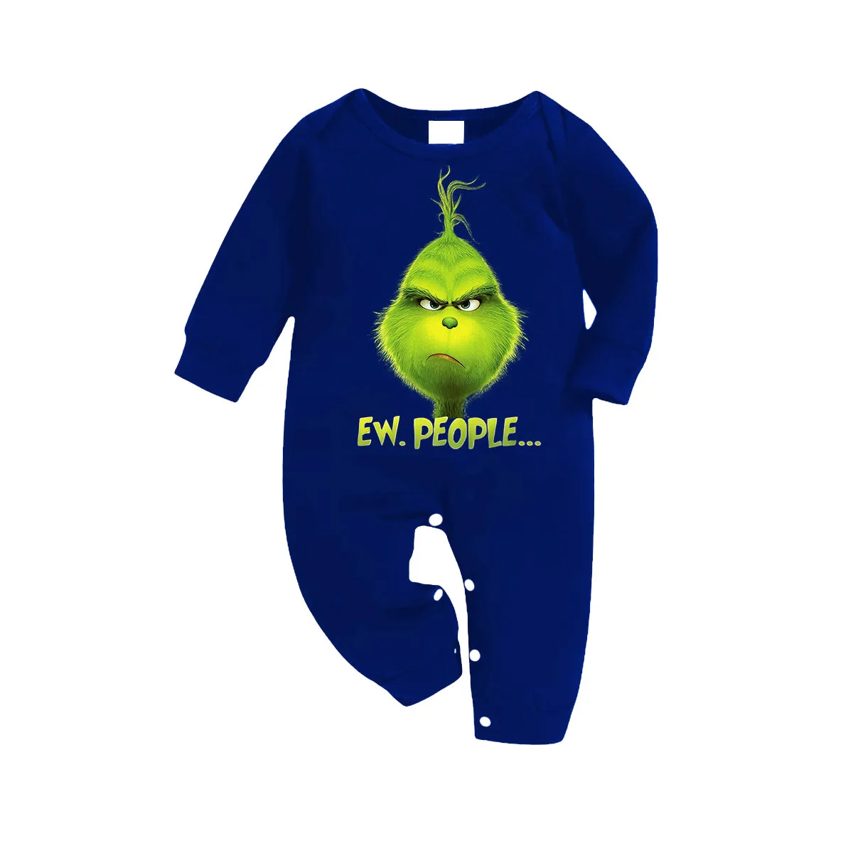 Christmas Cartoon Pattern and EW People Print Blue Long Sleeves with Blue&White&Black Plaid Pants Family Matching Pajamas