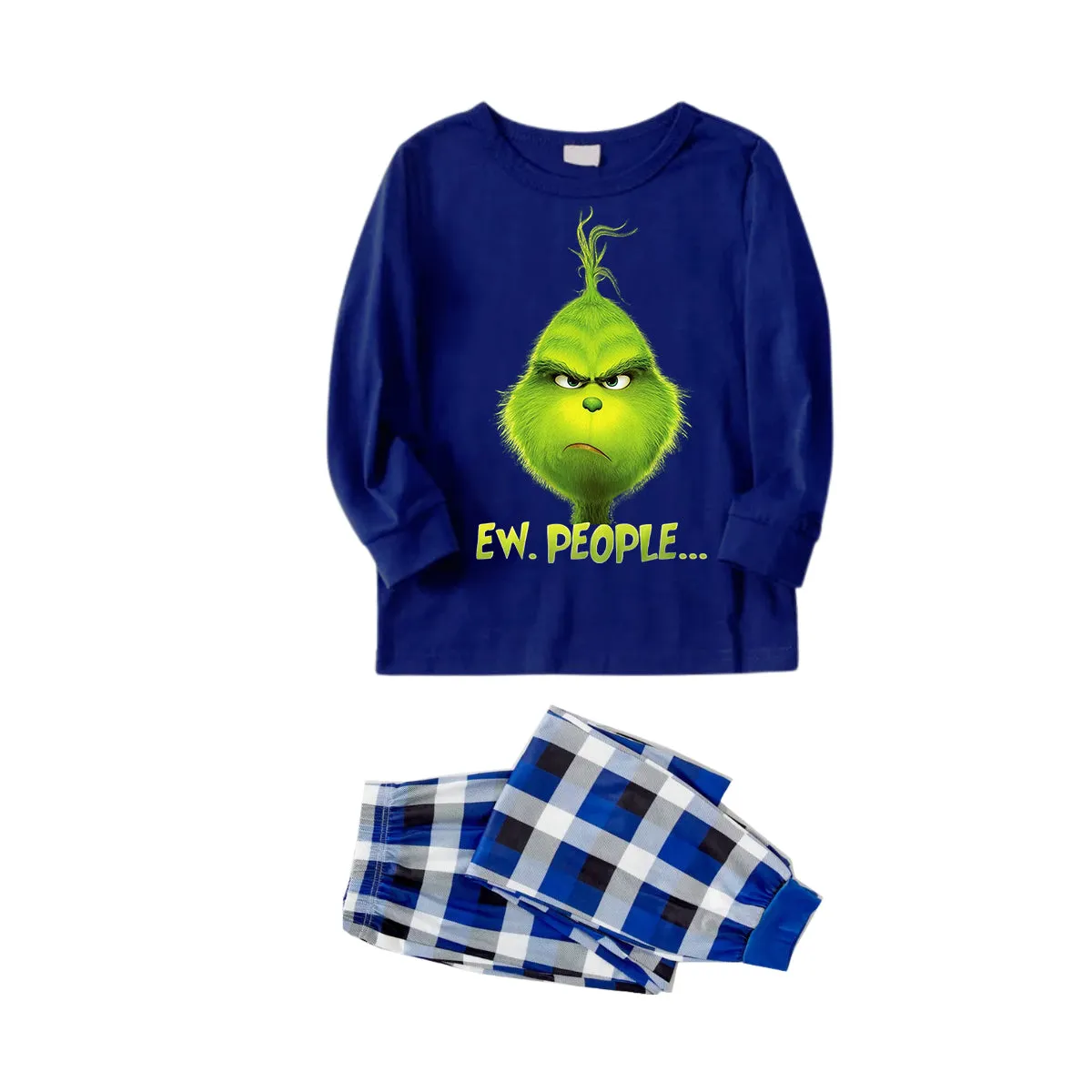 Christmas Cartoon Pattern and EW People Print Blue Long Sleeves with Blue&White&Black Plaid Pants Family Matching Pajamas