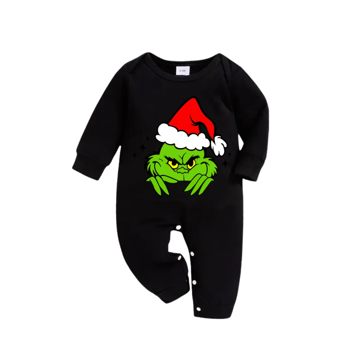 Christmas Cartoon Pattern Print Black Long Sleeve Top with Green and Black Plaid Family Matching Pajamas