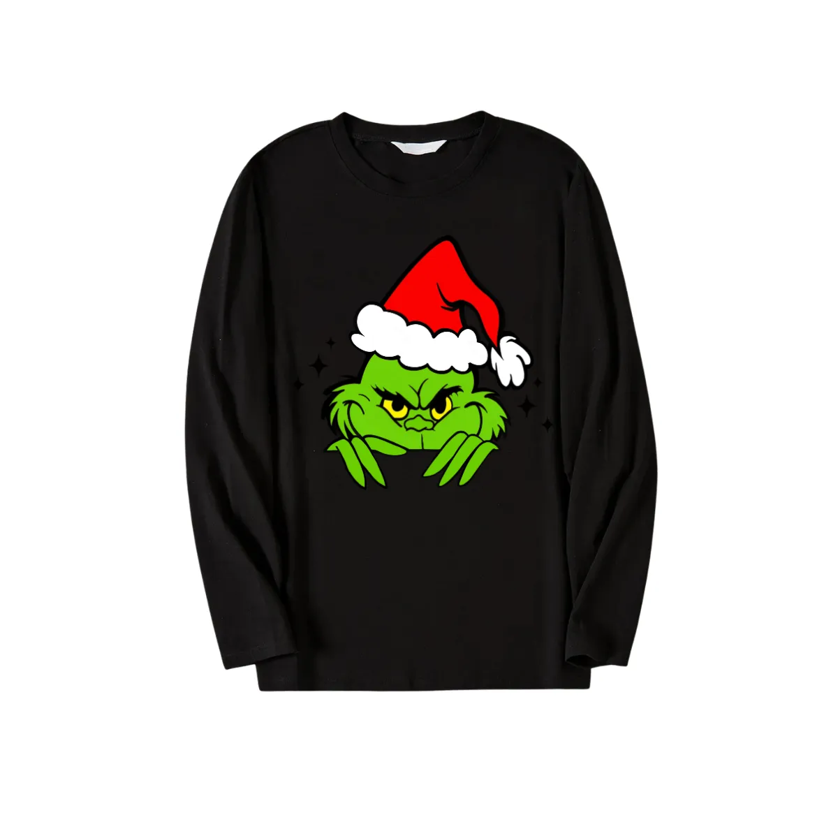 Christmas Cartoon Pattern Print Black Long Sleeve Top with Green and Black Plaid Family Matching Pajamas
