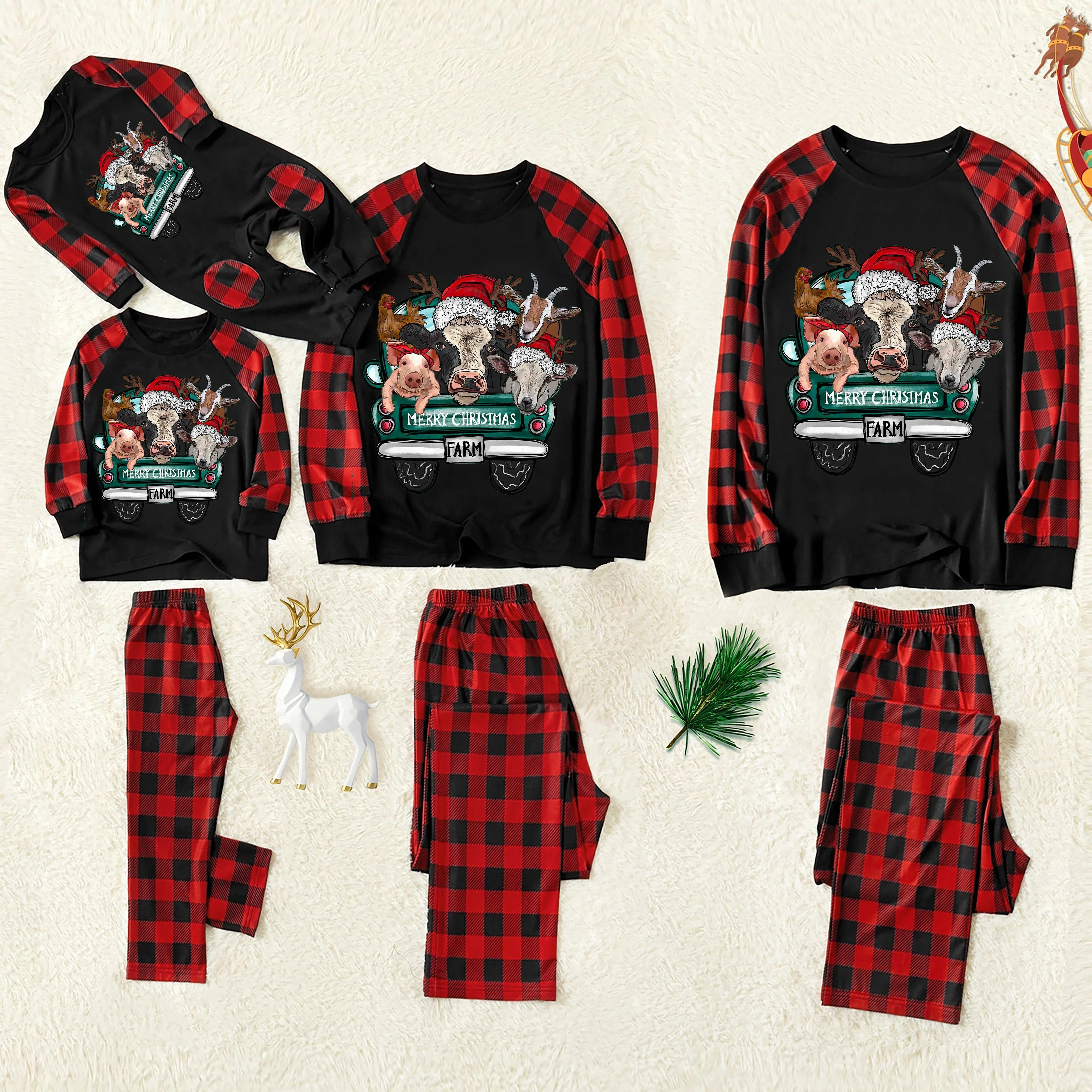 Christmas Cute Cartoon Car Highland Cow Farm Animals Heifers Christmas Cow Patterned and 'Merry Christmas‘ Letter Print Contrast Black top and Black & Red Plaid Pants Family Matching Pajamas Set