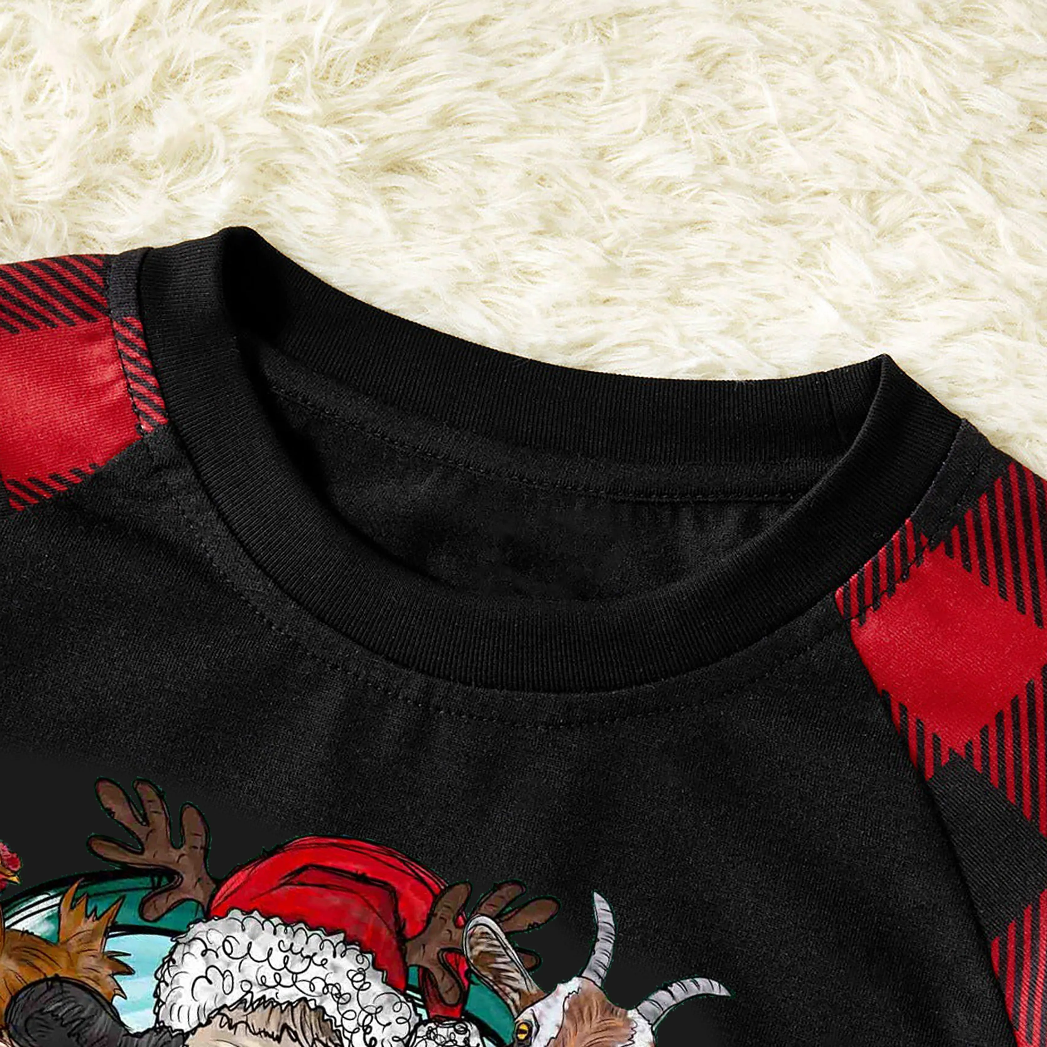 Christmas Cute Cartoon Car Highland Cow Farm Animals Heifers Christmas Cow Patterned and 'Merry Christmas‘ Letter Print Contrast Black top and Black & Red Plaid Pants Family Matching Pajamas Set