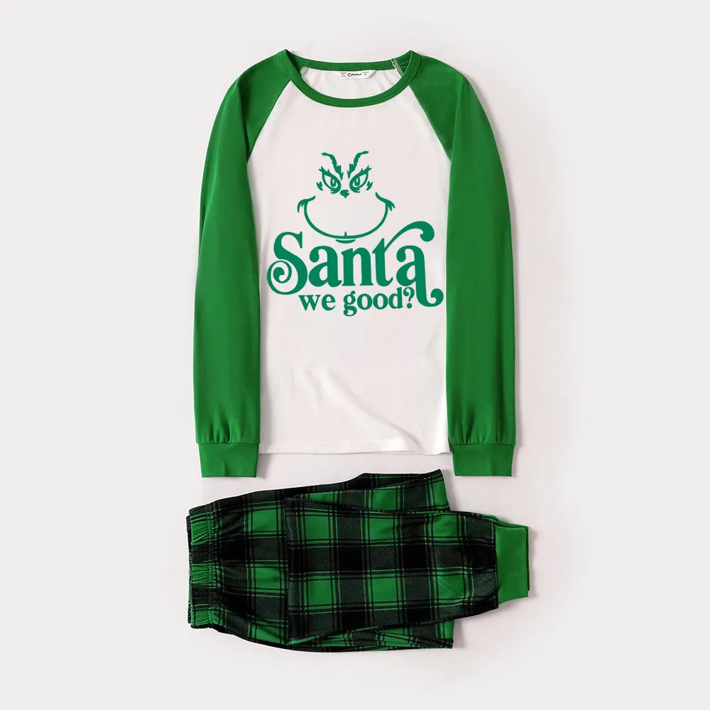 Christmas Cute Cartoon Face and "Santa We Good?" Letter Print Casual Long Sleeve Sweatshirts Green Tops Family Matching Raglan Long-sleeve Pajamas Sets