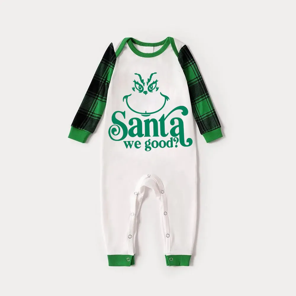 Christmas Cute Cartoon Face and "Santa We Good?" Letter Print Casual Long Sleeve Sweatshirts Green Tops Family Matching Raglan Long-sleeve Pajamas Sets