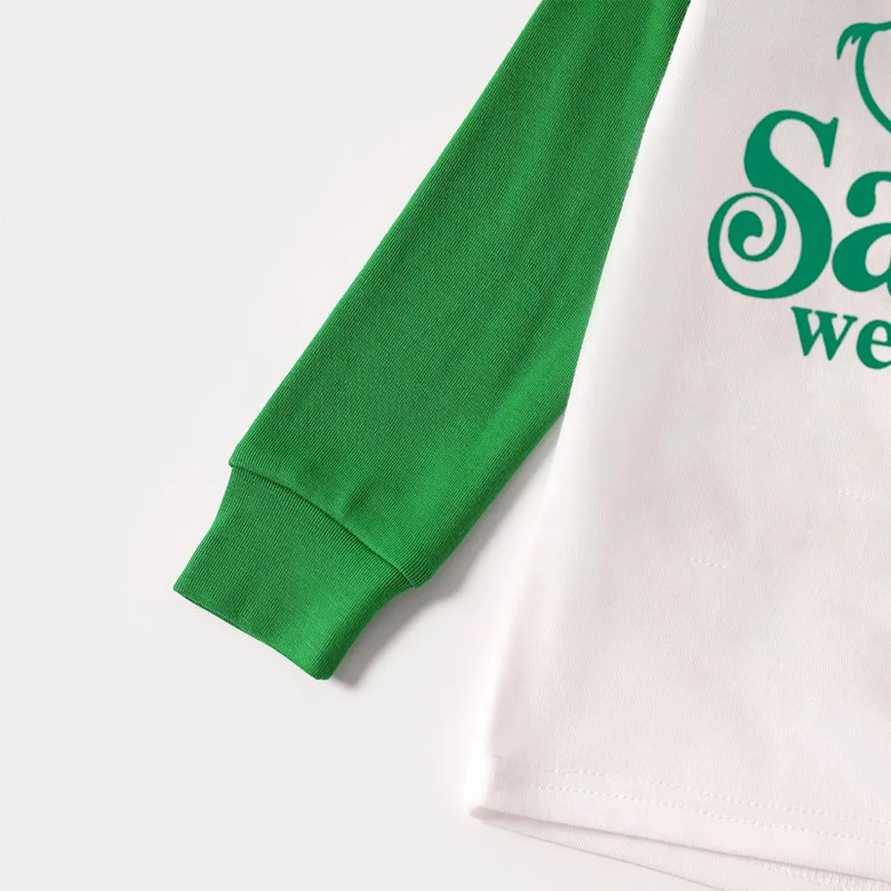 Christmas Cute Cartoon Face and "Santa We Good?" Letter Print Casual Long Sleeve Sweatshirts Green Tops Family Matching Raglan Long-sleeve Pajamas Sets