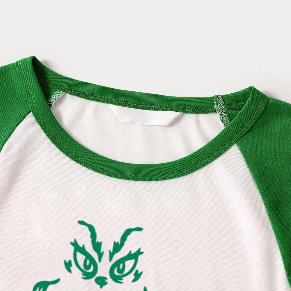 Christmas Cute Cartoon Face and "Santa We Good?" Letter Print Casual Long Sleeve Sweatshirts Green Tops Family Matching Raglan Long-sleeve Pajamas Sets