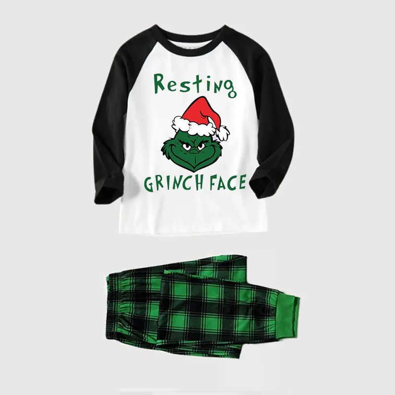 Christmas Cute Cartoon Wearing Christmas Hat and 'Resting Face' Letter Print Casual Long Sleeve Sweatshirts Black Contrast Top and Black and Green Plaid Pants Family Matching Pajamas Sets