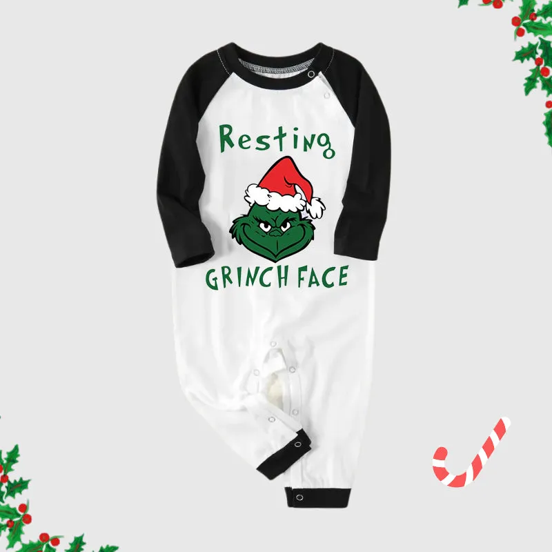 Christmas Cute Cartoon Wearing Christmas Hat and 'Resting Face' Letter Print Casual Long Sleeve Sweatshirts Black Contrast Top and Black and Green Plaid Pants Family Matching Pajamas Sets