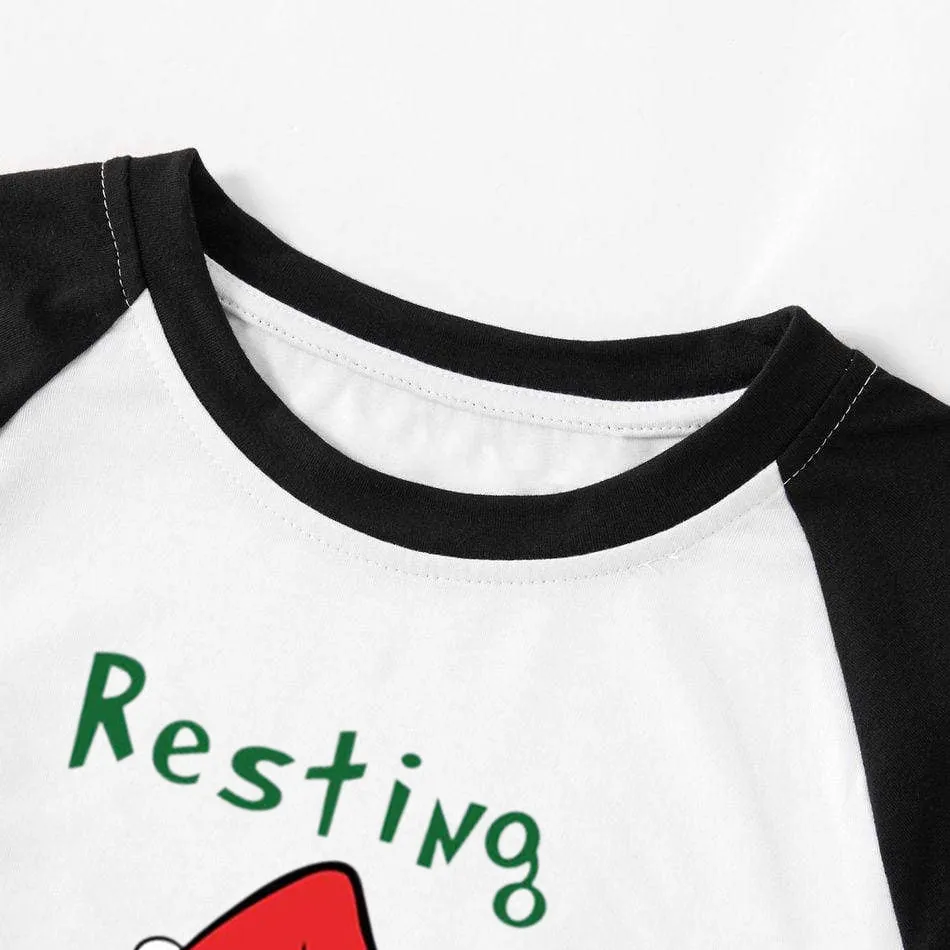 Christmas Cute Cartoon Wearing Christmas Hat and 'Resting Face' Letter Print Casual Long Sleeve Sweatshirts Black Contrast Top and Black and Green Plaid Pants Family Matching Pajamas Sets