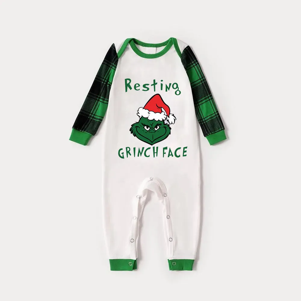 Christmas Cute Cartoon Wearing Christmas Hat and 'Resting Face' Letter Print Casual Long Sleeve Sweatshirts Green Contrast Tops and Black and Green Plaid Pants  Family Matching Raglan Long-sleeve Pajamas Sets