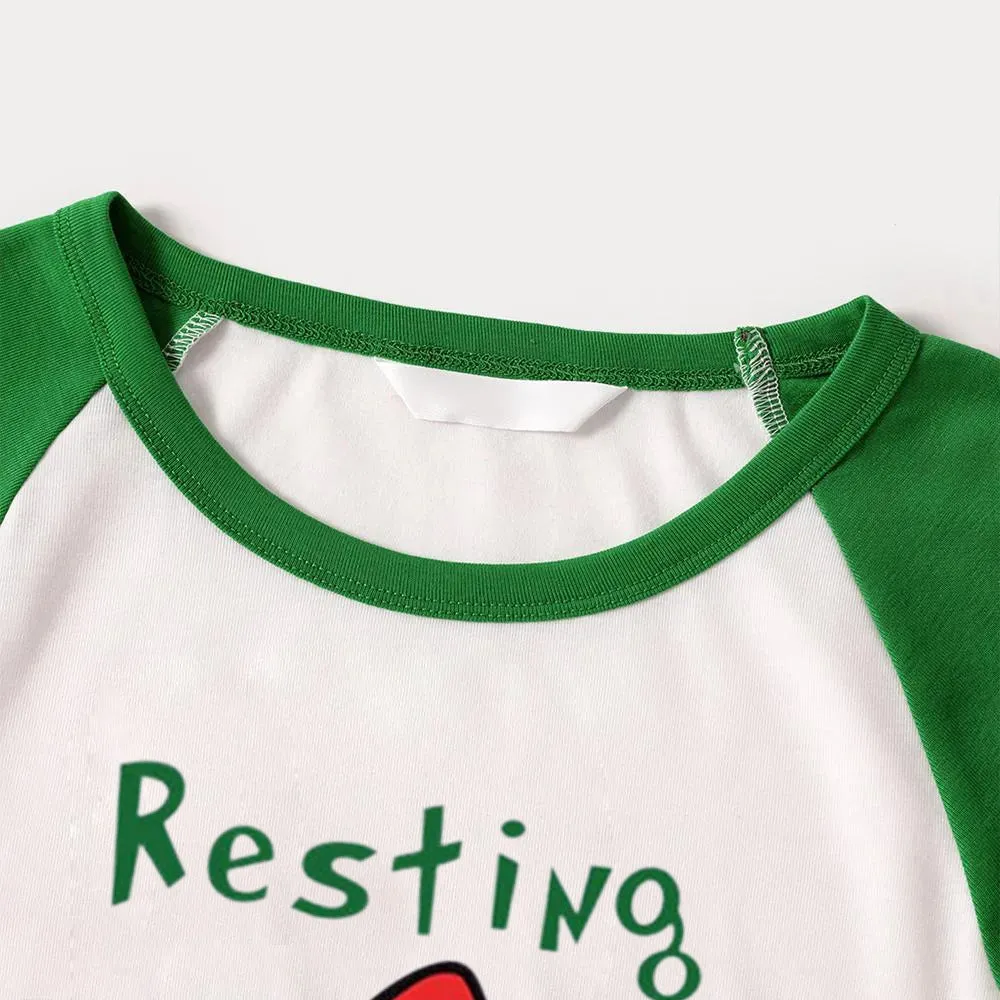 Christmas Cute Cartoon Wearing Christmas Hat and 'Resting Face' Letter Print Casual Long Sleeve Sweatshirts Green Contrast Tops and Black and Green Plaid Pants  Family Matching Raglan Long-sleeve Pajamas Sets