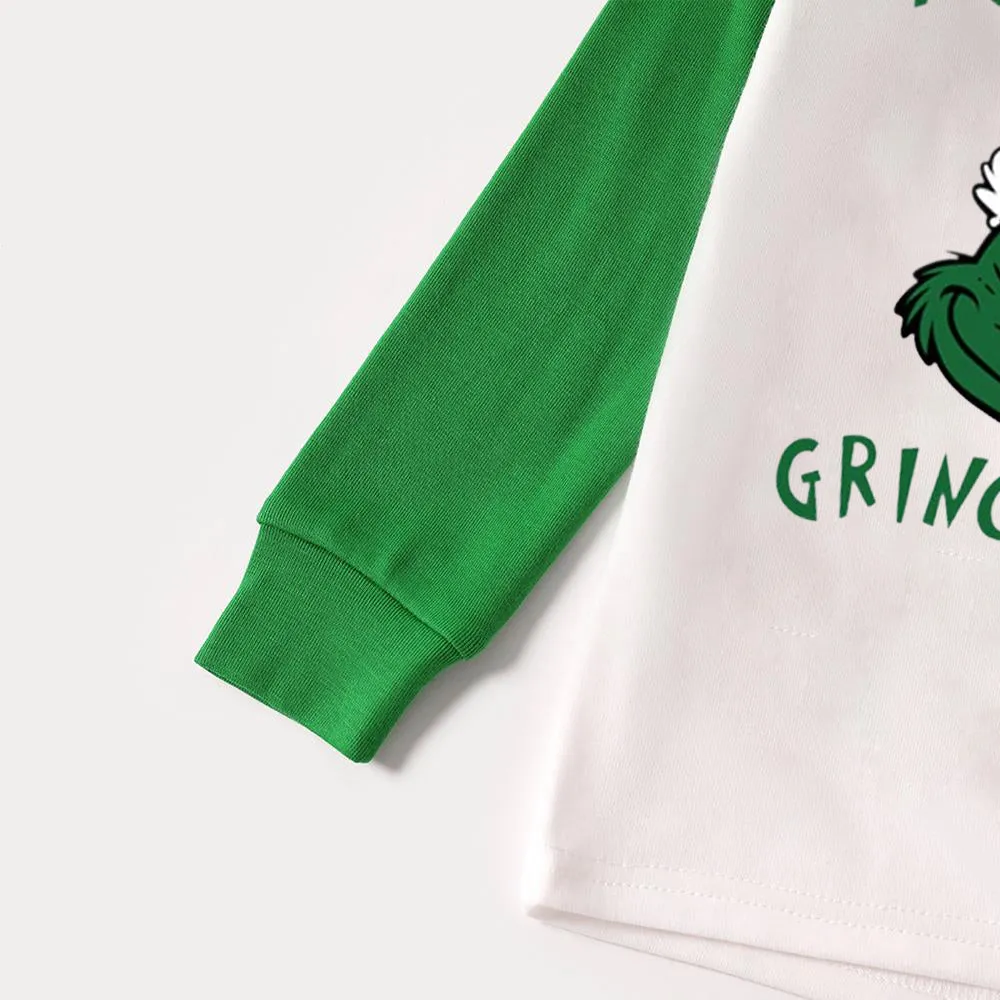 Christmas Cute Cartoon Wearing Christmas Hat and 'Resting Face' Letter Print Casual Long Sleeve Sweatshirts Green Contrast Tops and Black and Green Plaid Pants  Family Matching Raglan Long-sleeve Pajamas Sets