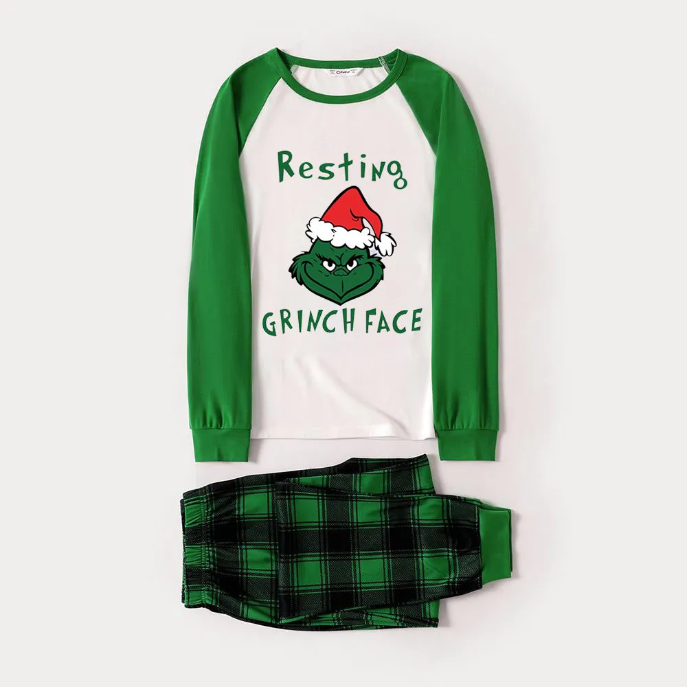 Christmas Cute Cartoon Wearing Christmas Hat and 'Resting Face' Letter Print Casual Long Sleeve Sweatshirts Green Contrast Tops and Black and Green Plaid Pants  Family Matching Raglan Long-sleeve Pajamas Sets