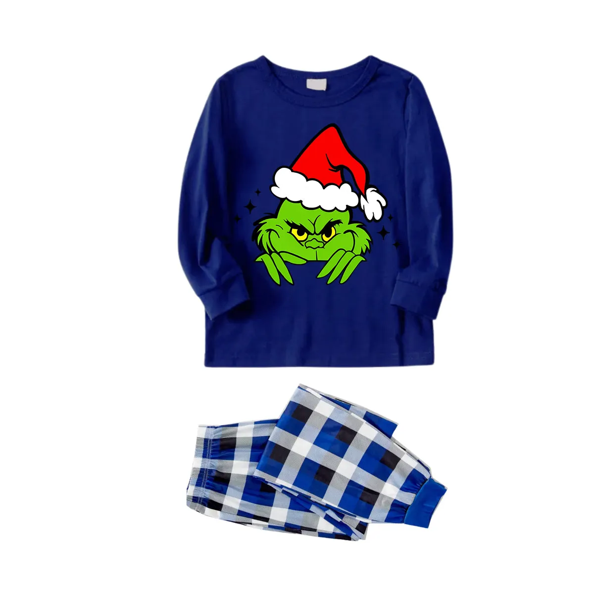 Christmas Cute Green Cartoon Pattern 2024 Blue Long Sleeves with Blue&White&Black Plaid Pants Family Matching Pajamas